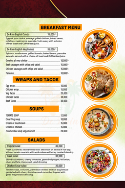 Breakfast, Wraps, Tacos, Soups & Salads